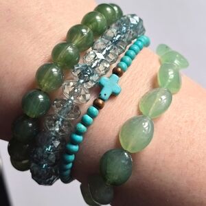Four bracelets stretch green blue stretchy cross turquoise color jewelry